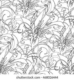 Lilies drawn in a line art style.  Vector floral  seamless pattern. Coloring book page design