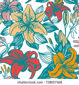 Lilies Floral seamless pattern vector. Colorful.Hawaiian colors.