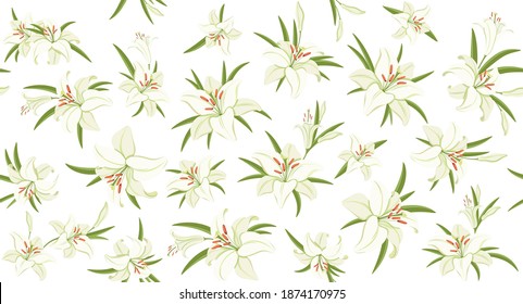  Lilies. Floral seamless pattern. White lilies with green foliage. Symbol of Easter, spring and love. Background template for holiday decoration, congratulations, greeting card and invitation. Vector 