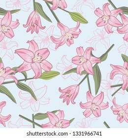 Lilies floral seamless repeat pattern suitable for textiles, stationery, gift wraps etc.