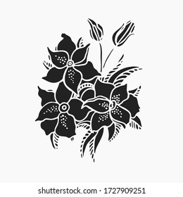 Vector de flores de lirios. Dibujar a mano la ilustración de la silueta sobre fondo blanco. Elemento aislado para el diseño de patrón, tarjeta de saludo, volante, afiche, banner, invitación de boda, tatuaje de plantilla.