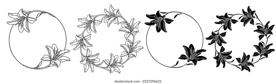 Lírios conjunto de grinalda de flores, ilustração desenhada à mão para o projeto do cartão ou convite de casamento.