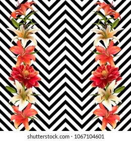 Lilies. Flowers. Dahlia. Floral background. Green leaves. Strips. Border. Vertical floral pattern. Vector.