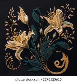 Lilies flowers. Embroidered gold 3d lily flowers, leaves. Embroidery floral vector background illustration. Tapestry beautiful stitch textured bouquet of lily flowers. Stitching lines surface texture.