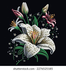 Lilies flowers. Embroidered white lily flower, buds, leaves. Embroidery floral vector background illustration with beautiful stitch textured bouquet of lily flowers. Stitching lines surface texture.