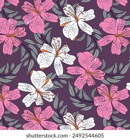 Lilies flowers in leaves pink and white colors pattern