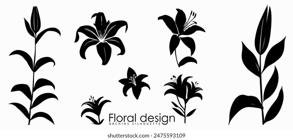 Silueta de flores de lirios. Dibujo a mano. Diseño floral, símbolos de Vector, idea de logotipo e íconos.