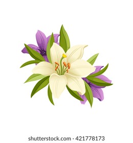 Lilies Hand Drawn Realistic Flat Vector Illustration In Artistic Painting Style On White Background