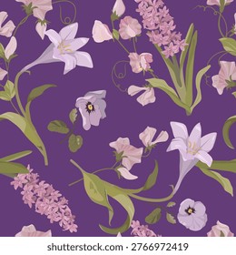 Lilies, hyacinths, and pansies in a seamless pattern. A vector illustration for textile and packaging design.