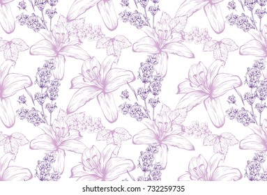 Lilies and lavender pattern background. Vector delicate illustrations