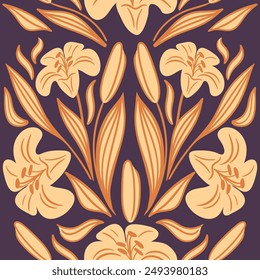 Lilies. Modern flowers, decorative seamless pattern of pastel colors in geometric shapes. Abstract groovy botanical vintage illustration. For wallpaper, fabric, wrapping, background. Aesthetic vector