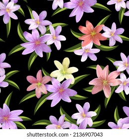 Lilies on a black background in a pattern.Seamless vector pattern with bouquets of lilies on a black background.