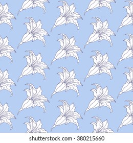 Lilies on blue, vector seamless pattern 