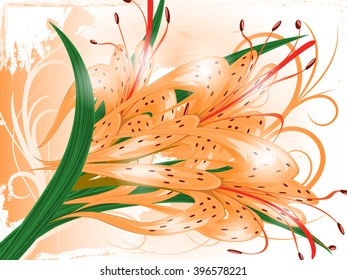 Lilies on an orange background of flowers and leaves