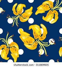 Lilies on the polka dot background. Vector seamless pattern with big yellow summer flowers.

