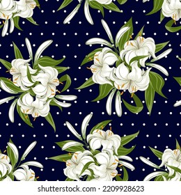 Lilies sobre el fondo de un punto de polka.Patrón vectorial con ramos de lirios blancos sobre un fondo azul con puntos de polka.