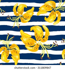 Lilies on the striped nautical background. Vector seamless pattern with big yellow summer flowers.
