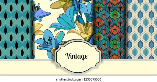 Lilies on vintage. Combined set of seamless patterns. Vintage style for fabric, wallpaper, cards