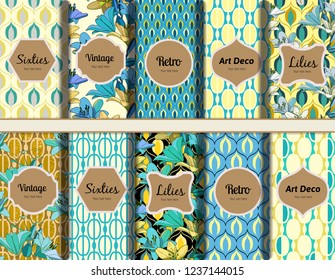 Lilies on vintage. Combined set of seamless patterns. Vintage style for fabric, wallpaper, cards