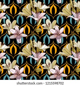 Lilies on vintage seamless pattern. Retro Style Sixties