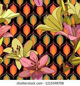 Lilies on vintage seamless pattern. Retro Style Sixties