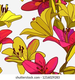 Lilies on vintage seamless pattern. Retro Style Sixties