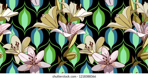 Lilies on vintage seamless pattern. Retro Style Sixties