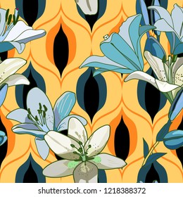Lilies on vintage seamless pattern. Retro Style Sixties