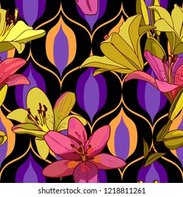 Lilies on vintage seamless pattern. Retro Style Sixties