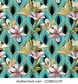 Lilies on vintage seamless pattern. Retro Style Sixties