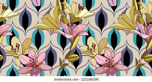 Lilies on vintage seamless pattern. Retro Style Sixties