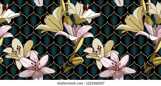 Lilies on vintage seamless pattern. Retro Style Sixties