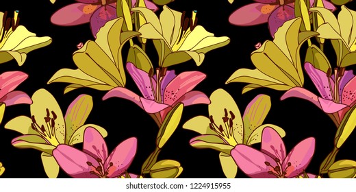 Lilies on vintage seamless pattern. Retro Style Sixties