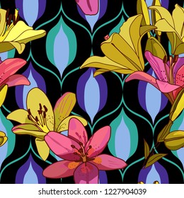 Lilies on vintage seamless pattern. Retro Style Sixties