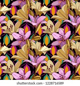 Lilies on vintage seamless pattern. Retro Style Sixties
