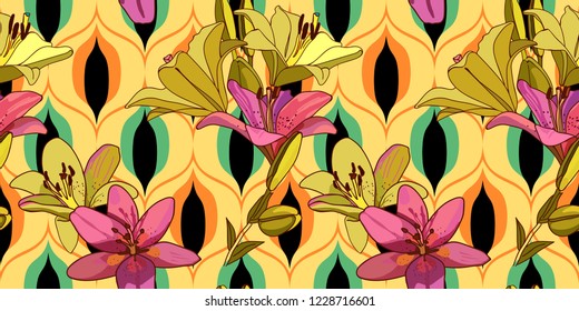 Lilies on vintage seamless pattern. Retro Style Sixties