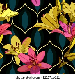 Lilies on vintage seamless pattern. Retro Style Sixties
