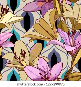 Lilies on vintage seamless pattern. Retro Style Sixties