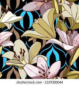 Lilies on vintage seamless pattern. Retro Style Sixties