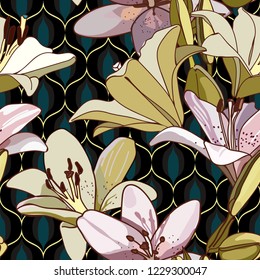Lilies on vintage seamless pattern. Retro Style Sixties