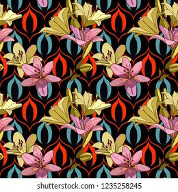 Lilies on vintage seamless pattern. Retro Style Sixties