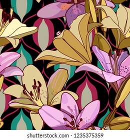 Lilies on vintage seamless pattern. Retro Style Sixties