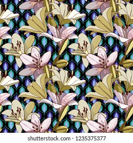 Lilies on vintage seamless pattern. Retro Style Sixties
