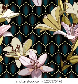 Lilies on vintage seamless pattern. Retro Style Sixties