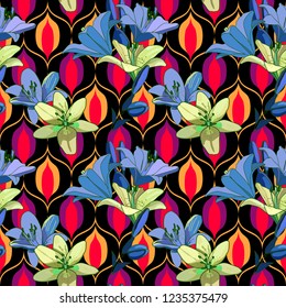 Lilies on vintage seamless pattern. Retro Style Sixties