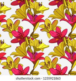 Lilies on vintage seamless pattern. Retro Style Sixties