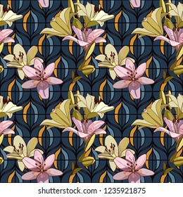 Lilies on vintage seamless pattern. Retro Style Sixties