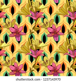 Lilies on vintage seamless pattern. Retro Style Sixties
