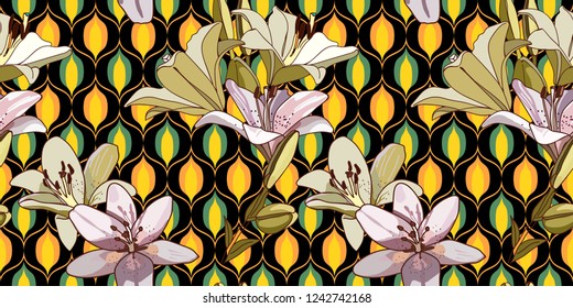 Lilies on vintage seamless pattern. Retro Style Sixties