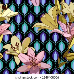 Lilies on vintage seamless pattern. Retro Style Sixties